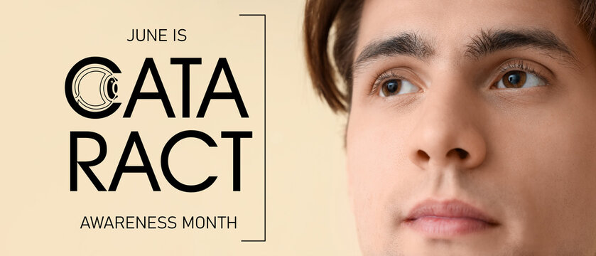 Young man with brown eyes on beige background, closeup. Glaucoma awareness month