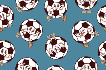 Seamless pattern of cute Funny happy soccer ball characters. Hand drawn kawaii cartoon character vector illustration. Vector illustration. Vector illustration