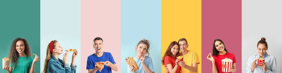 Group of young people with delicious fast food on color background