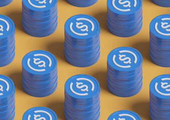 Isometric seamless pattern of USDC coin stacks. 3d illustration.