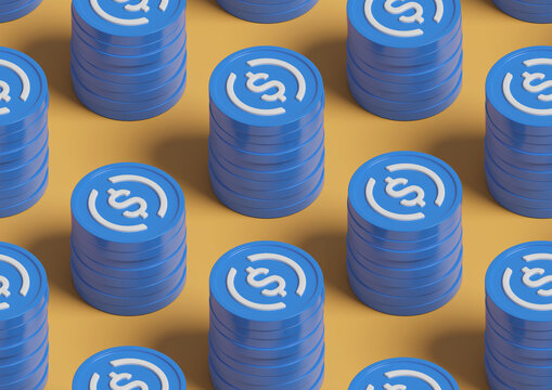 Isometric seamless pattern of USDC coin stacks. 3d illustration.