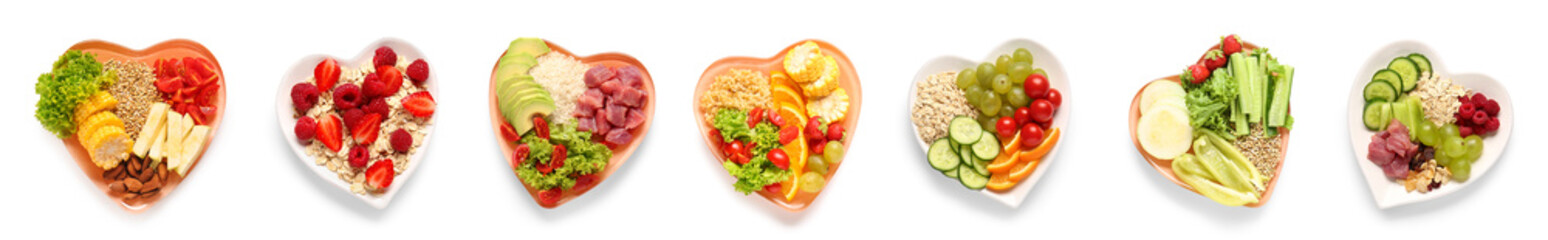 Collage of heart shaped plates with healthy products on white background