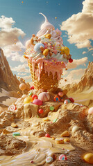 A giant pink ice cream cone is surrounded by a candy land