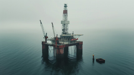 Fototapeta premium An offshore oil platform in the ocean, seen from a distance, resembling a cinematic shot.