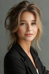 Fototapeta premium In a studio portrait, a young Caucasian woman exudes elegance and beauty with her radiant smile.