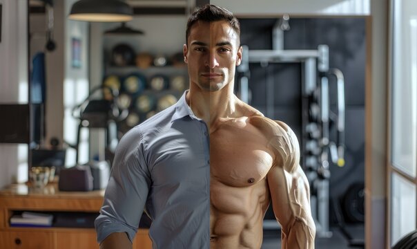 Vertically split photography of the same man. A muscular man is wearing office attire with office in the background and man is wearing fitness attire with gym in the background
