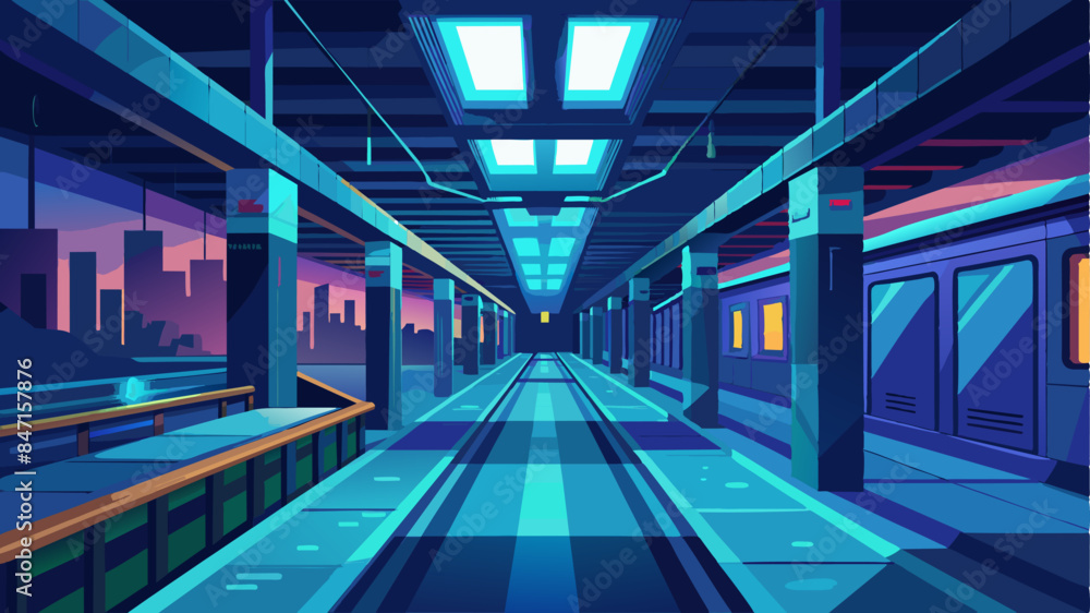 Poster a subway station with a blue and white color scheme. the station is empty and the lights are on