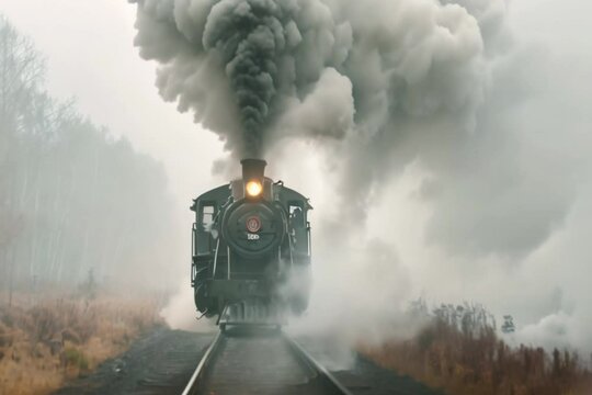 old engine train exhausting smoke standing on the railway station in old times 
