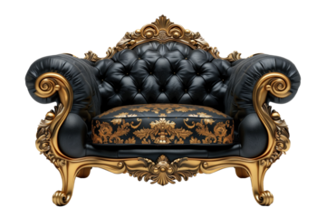 Ornate black and gold luxury armchair with intricate details and tufted leather, isolated on a white background, perfect for high-end decor and furniture themes.