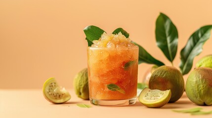 Fototapeta premium Feijoa jam displayed in a clear glass container against a neutral beige backdrop
