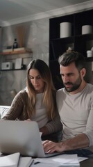 A man and woman sitting on a couch looking at a laptop