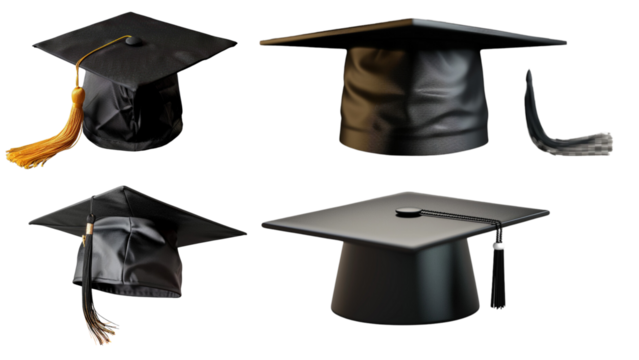 Four graduation caps with tassels