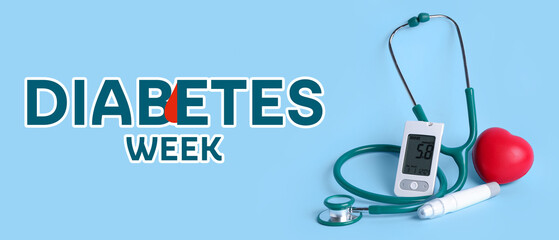 Glucometer with lancet pen, heart and stethoscope on blue background. Diabetes concept