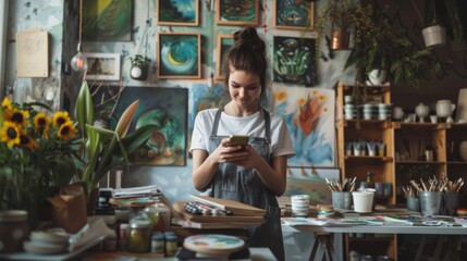 Fototapeta premium A woman standing in front of a table holding a cell phone