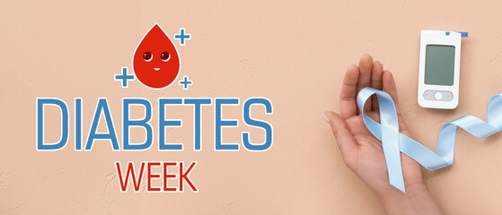 Woman with awareness ribbon and glucometer on beige background. Diabetes concept