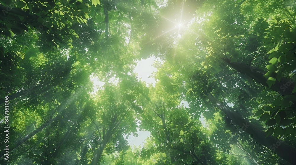 Poster forest trees with sunlight filtering through green leaves viewed from below and above