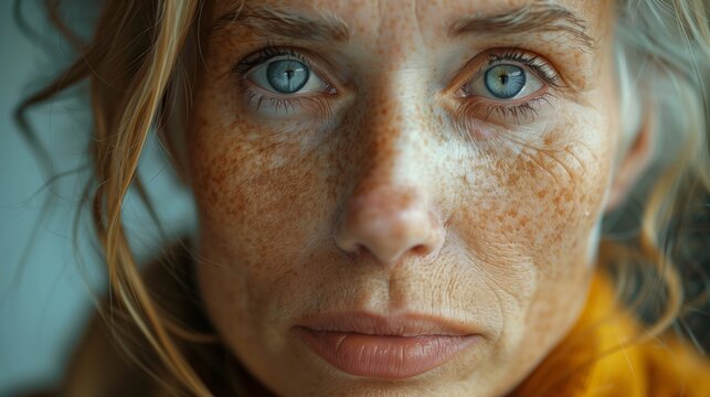 Close Up Portrait of Freckled Woman With Blue Eyes.