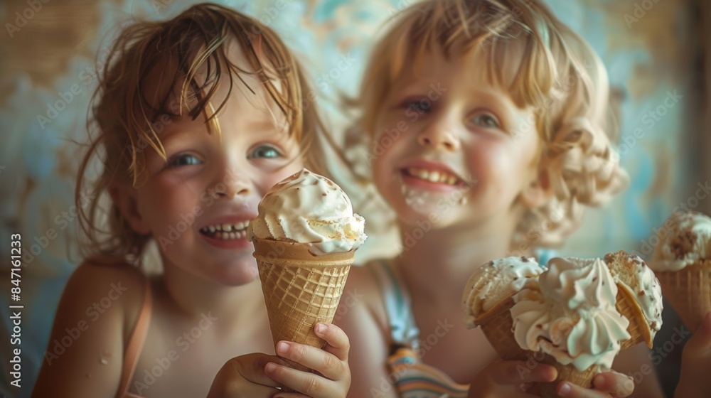 Poster two little girls are eating ice cream cones