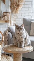 a gray cat seated on a table beside a sofa adorned with a blanket and basket in a living room, with a white brick wall as the background.