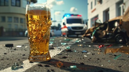 Drink and drive concept. Drunk driver holding a bottle of alcohol behind the steering wheel, highlighting the dangers and consequences of impaired driving and alcohol consumption while driving.