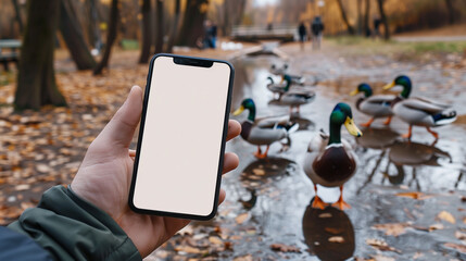 mockup phone copy space in hand with ducks in park