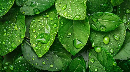 Fresh green leaves with raindrops. Raindrops on the leaves. Green leaves background.