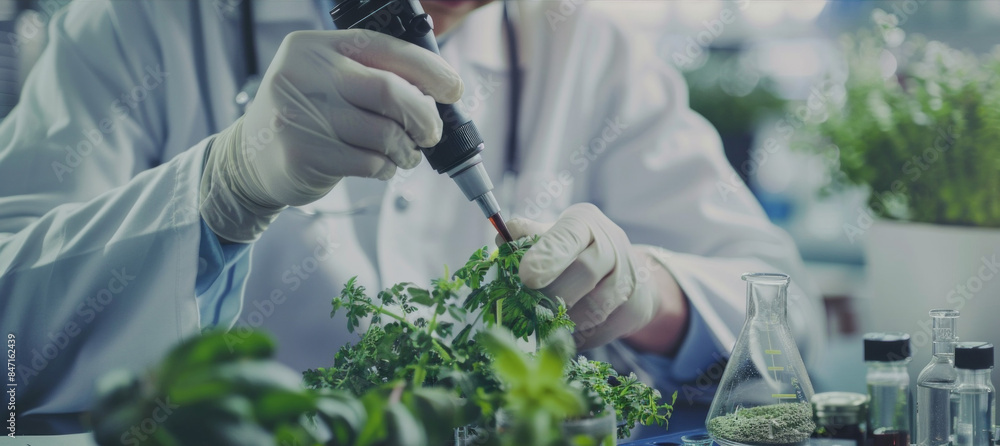 Poster a scientist is working with plants in a lab