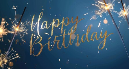 A blue background with the words "happy birthday" in golden cursive text, with sparkler elements on each side of it A subtle touch of glittery effects forms sparks around some letters Generative AI