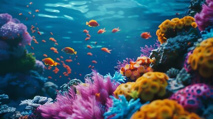 Underwater world full of life. Colorful coral reef with exotic fishes. Tropical ocean scenery.