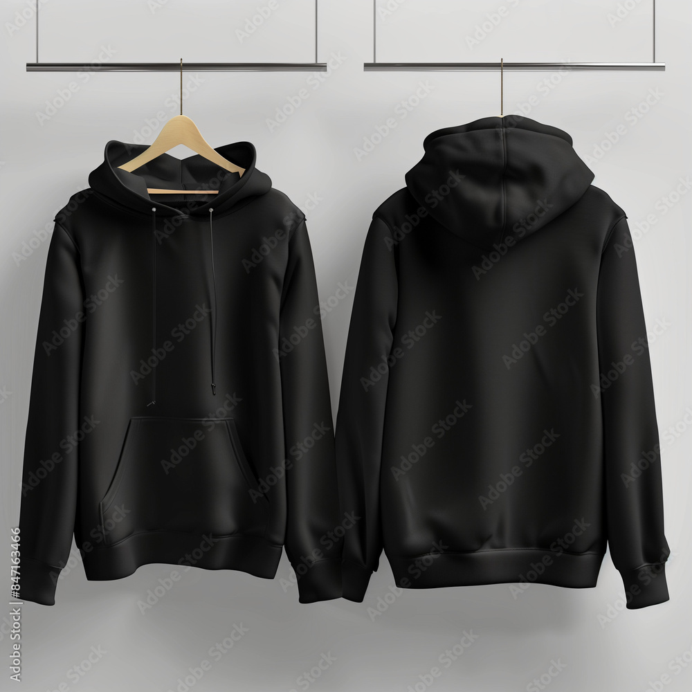 Wall mural Black hoodies front, back, and side view, blank clothing concept - Wall murals