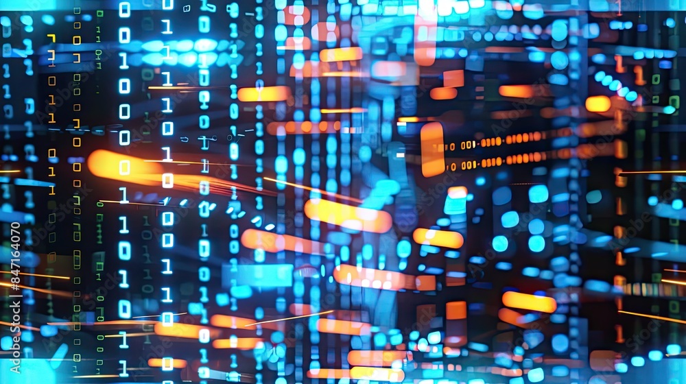 Fototapete digital data technology with binary code and a network of digital particles on a dark blue backdrop, conveying a futuristic cyberspace concept for web design or cyber security. SEAMLESS PATTERN