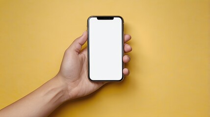 Mockup of hand holding a mobile phone with blank white screen, Yellow Background