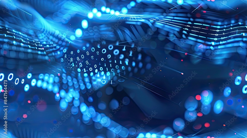 Fototapete digital data technology with binary code and a network of digital particles on a dark blue backdrop,