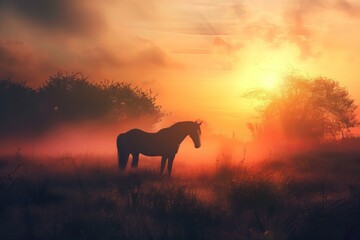 Beautiful horse standing alone in a field at sunset with foggy landscape