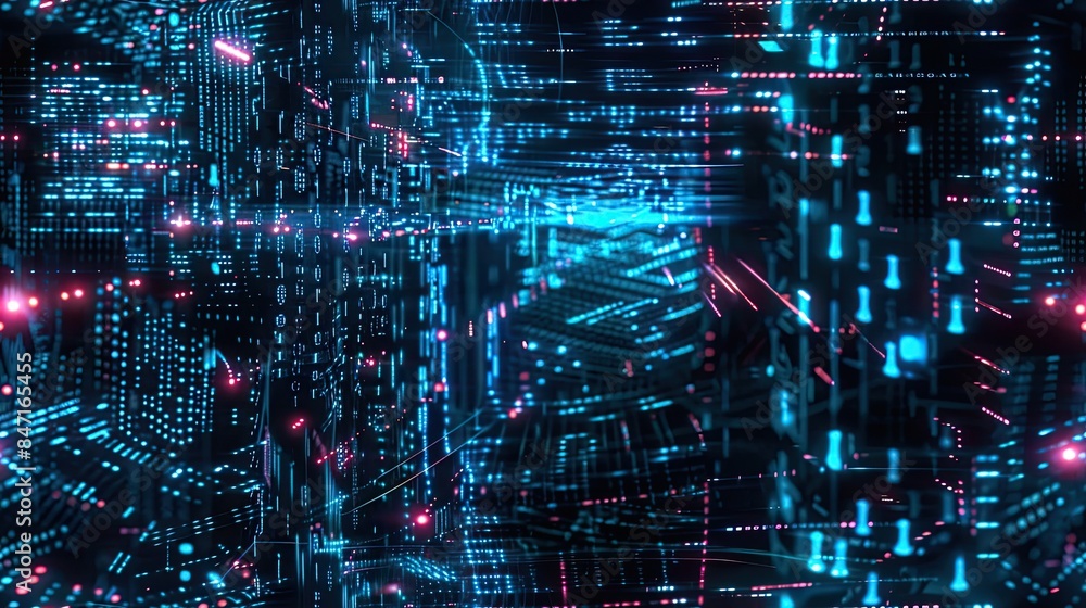 Fototapete digital data technology with binary code and a network of digital particles on a dark blue backdrop,