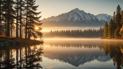 Fototapeta premium Hyperrealistic Style: Serene Sunrise Over Misty Lake with Reflections of Trees and Mountains