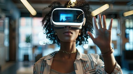 an Asian woman wearing a virtual reality headset interacts with virtual elements in an office setting.