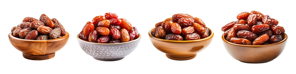 Collection set of bowl of dried date fruits isolated on transparent background
