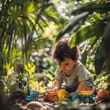 Cute  young kindergarten boy playing with sand alone at home, Kid playing with sand toys and toy construction machinery in backyard home garden , Montessori education, Creative play for kids 