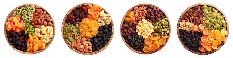 Collection set of bowl of dried fruits top view isolated on transparent background