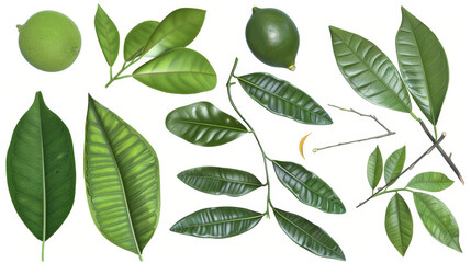 Naklejka premium Assorted green leaves and a sliced lime on a white background