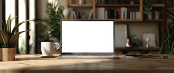 laptop mockup on wooden desk in a modern home office interior with a coffee cup and book shelf, white screen for text or logo. Blurred background, banner design