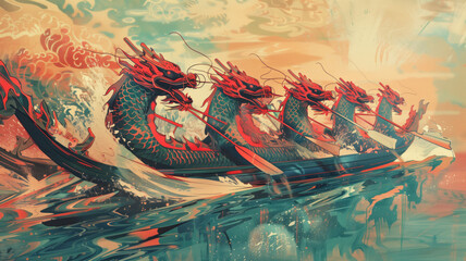 Rowing dragon boats during Duanwu. Generative AI illustration.