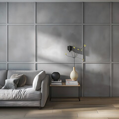 Aesthetic elegant minimalist interior design. Concrete effect paint in the room. Decorative stucco and moldings on the walls. Copy space. Clean apartment for decoration. Japandi, scandi style.