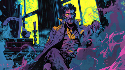 Digital illustration featuring a man with a sinister expression, wearing a Victorian-style coat and a cape, sitting in a room with yellow and blue lighting.