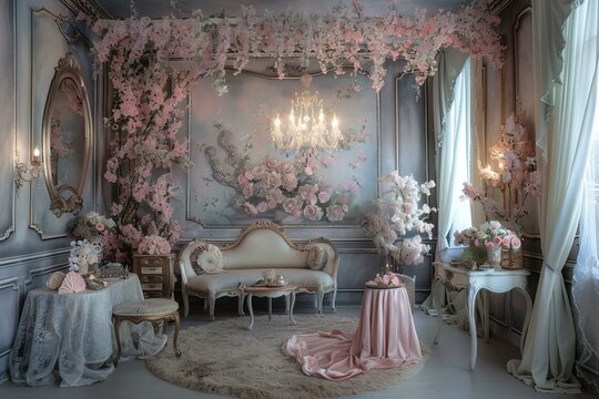 Luxurious gray boudoir decorated with flowers for photoshoot with vintage sofa, furniture and crystal chandelier