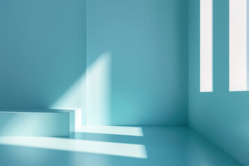 Sunlight casting shadows in minimalist blue room with platform