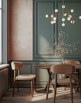 Aesthetic elegant minimalist interior design. Concrete effect paint in the room. Decorative stucco and moldings on the walls. Copy space. Clean apartment for decoration. Japandi, scandi style.