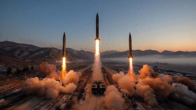 World s largest intercontinental ballistic missiles displayed under a clear blue sky