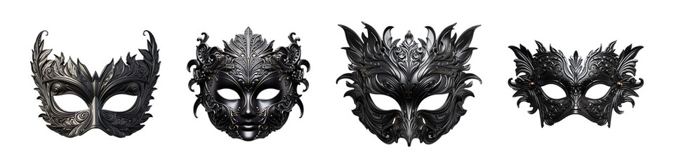 Collection set of carnival mask black color isolated on transparent background